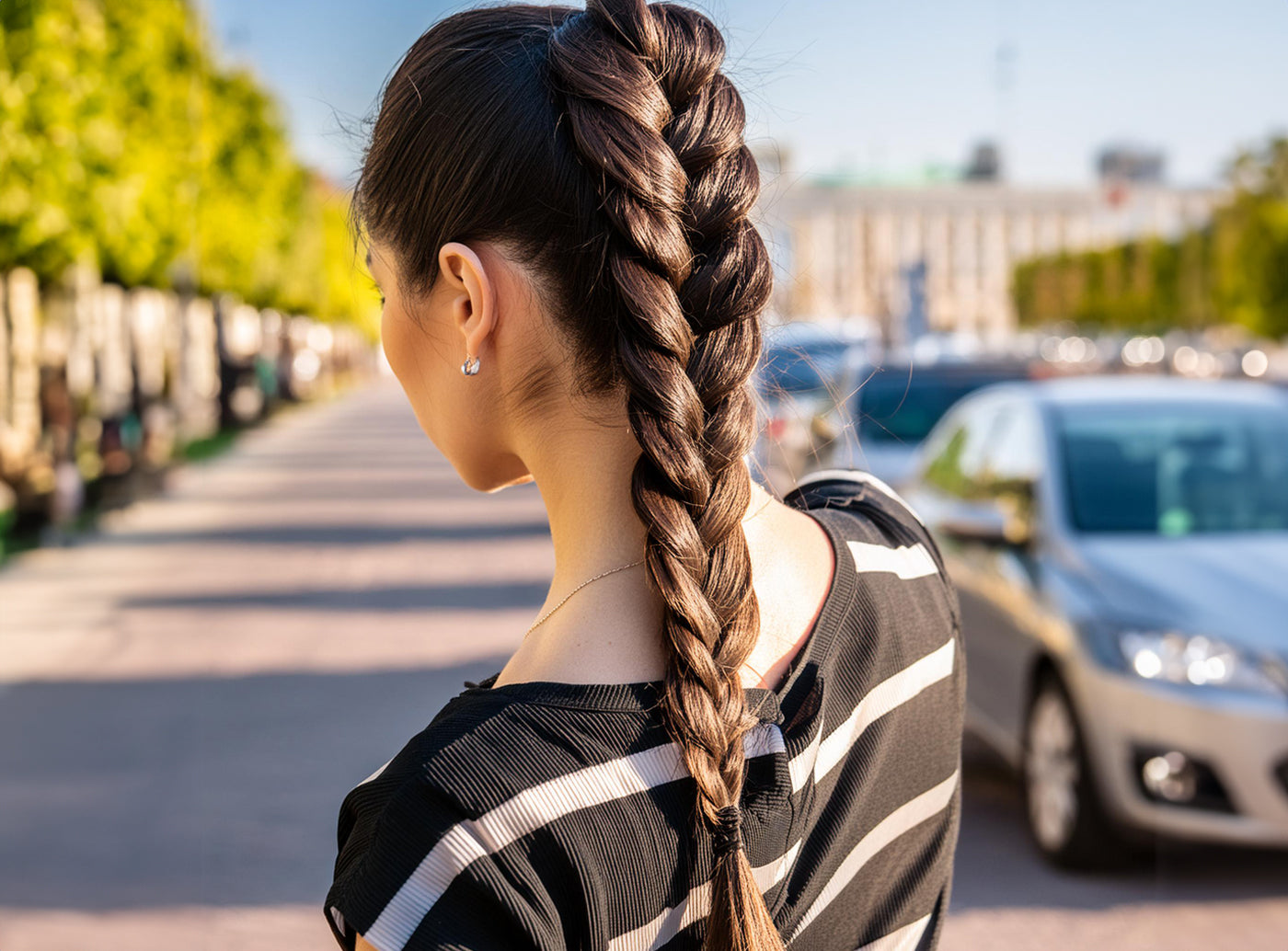 asian woman with remy clip in Fishtail Braid Ponytail