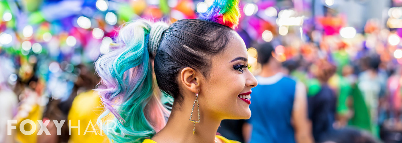 woman with viral unicorn horn bun at festival