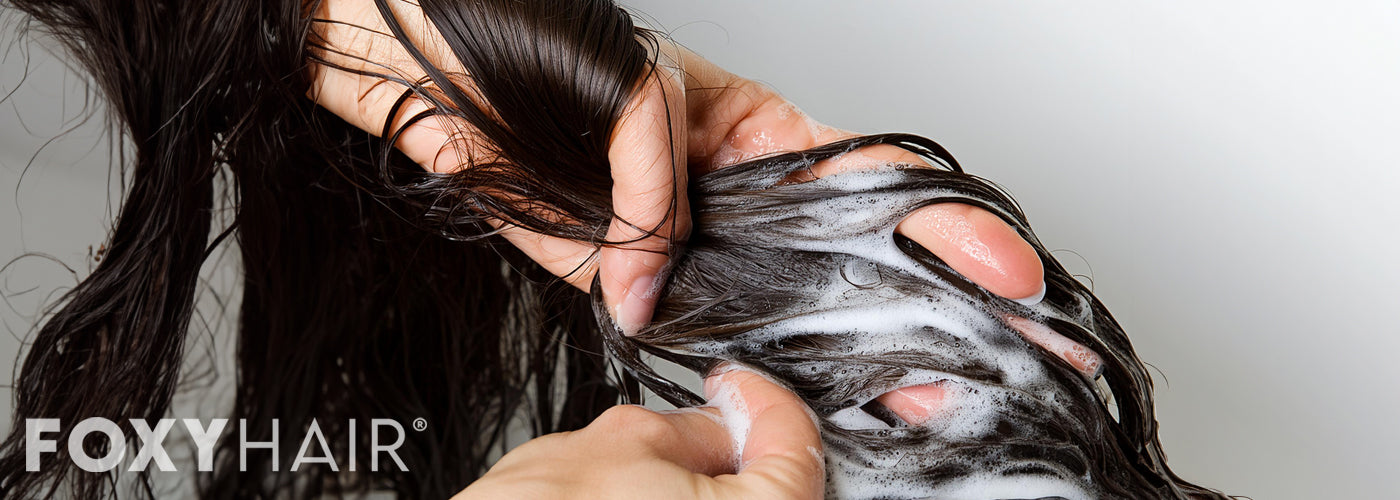 washing hair extensions with gentle shampoo