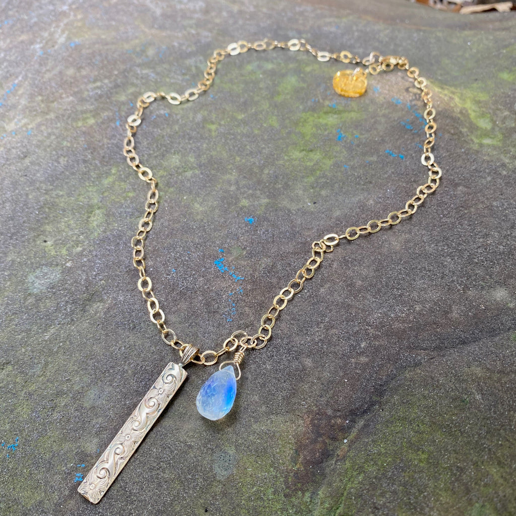 14K GF Engraved Bar Necklace with Moonstone