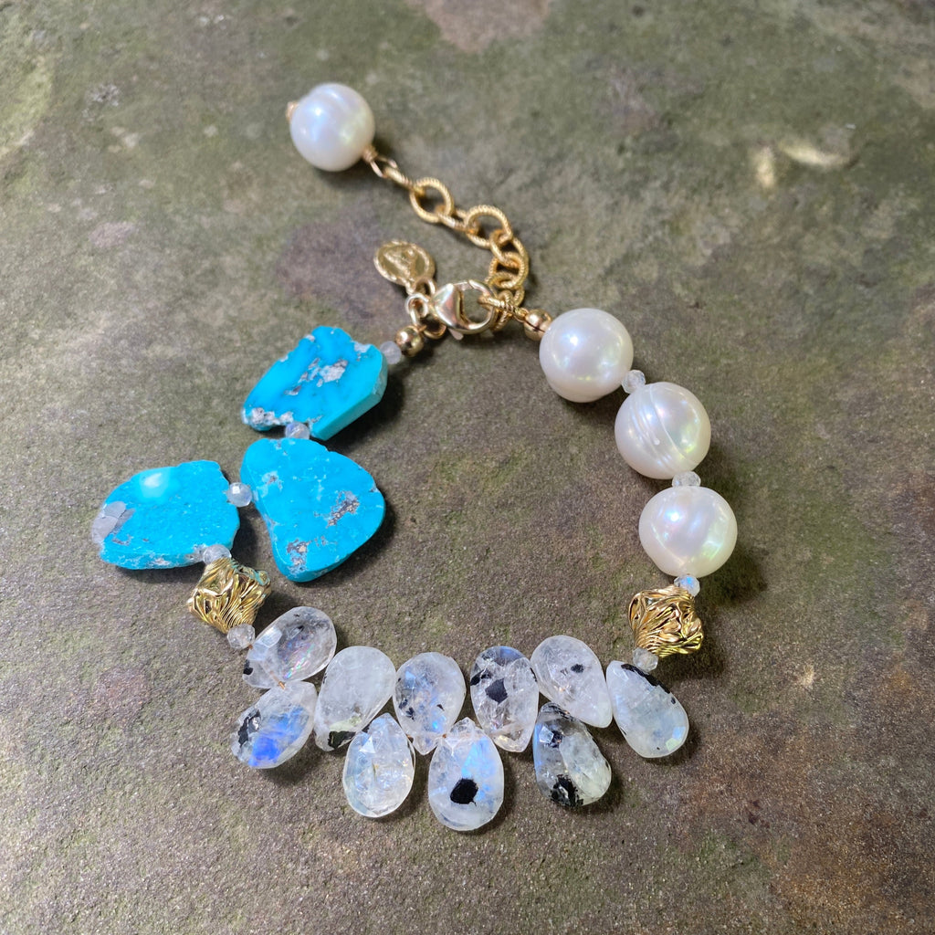 Sleeping Beauty Turquoise Moonstone and Freshwater Pearl Bracelet