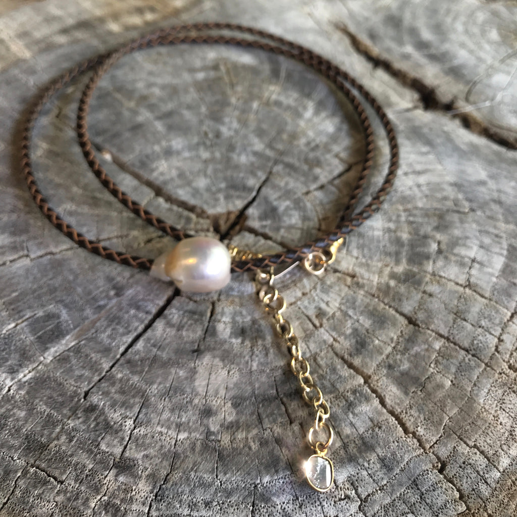 Pearl and Diamond Slice Leather Necklace or Bracelet