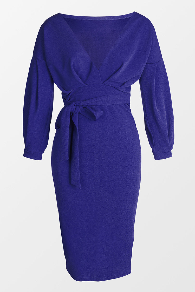 Image of Chyna Blue 3/4 Sleeve Tie Waist Tea Length Dress