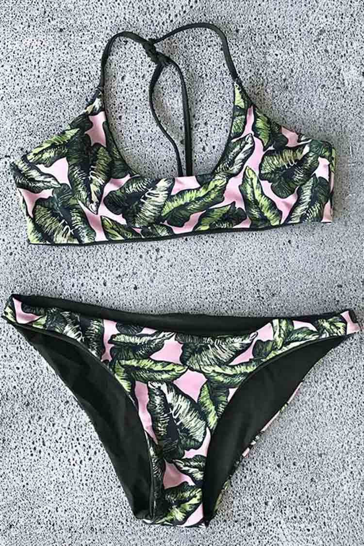 Glossy And Green Leaves Bikini Set