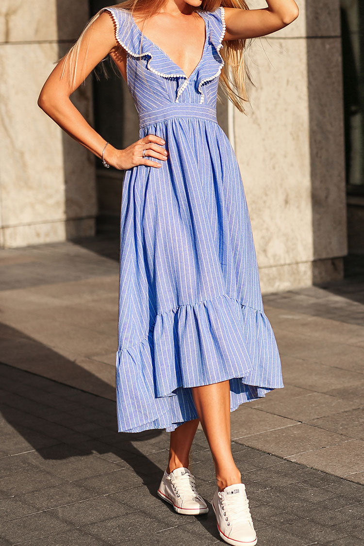 blue ruffle midi dress