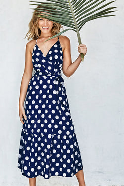 navy polka dot midi dress