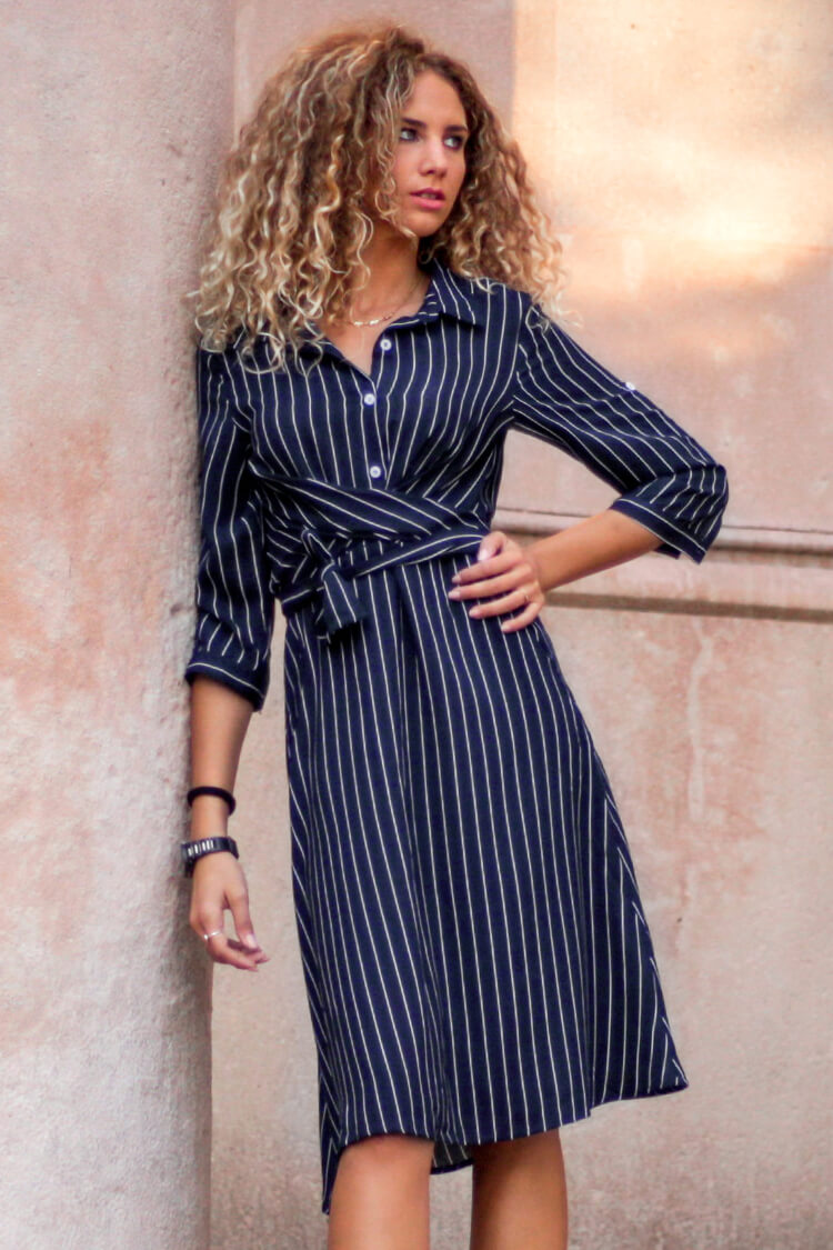 navy striped midi dress