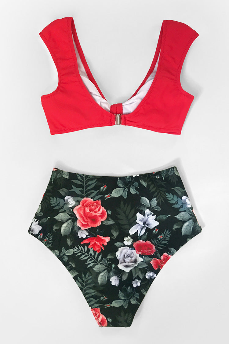 red floral high waisted bikini