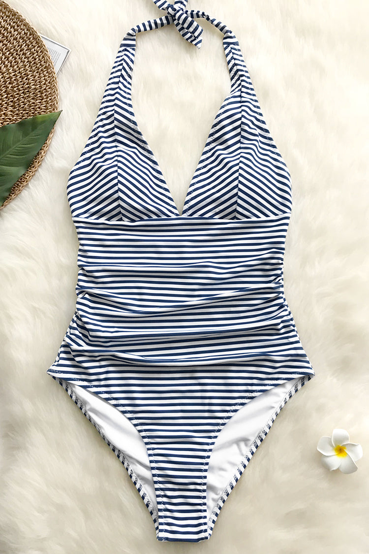 blue and white one piece swimsuit