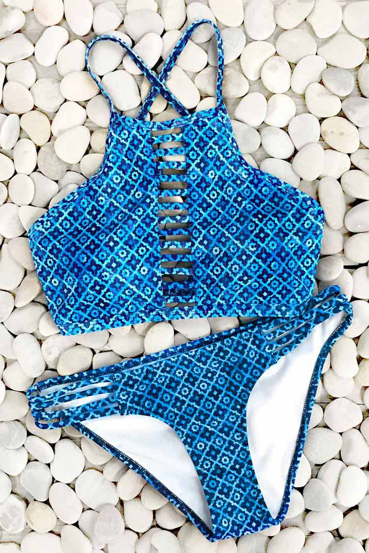 Blue Island Rhombus Print Bikini Set