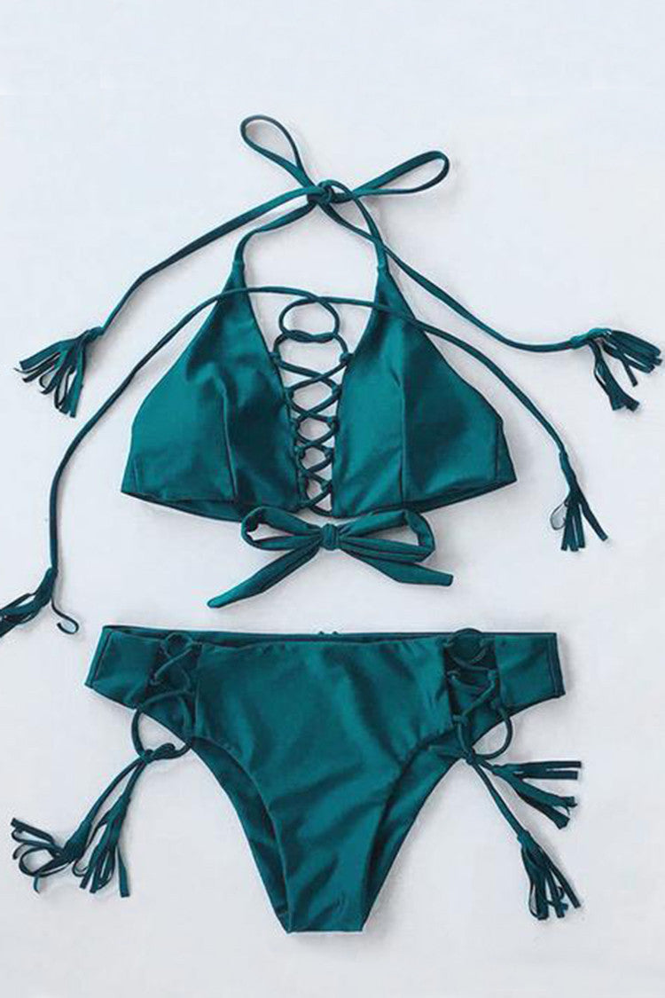 Cupshe Blackish Green Lace Up Bikini Set