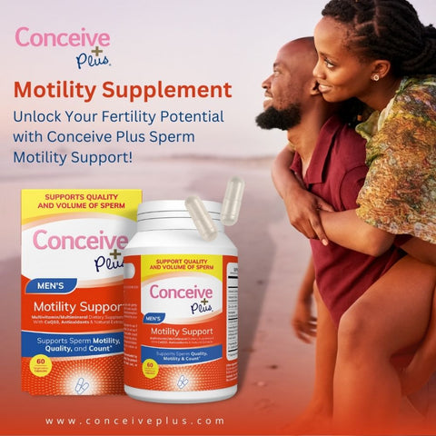 A happy couple in the beach setting with woman piggyback riding the man and the Conceive Plus Motility Support in the forefront with punch line as Unlock the Fertility Potential with Conceive Plus Sperm Motility Support