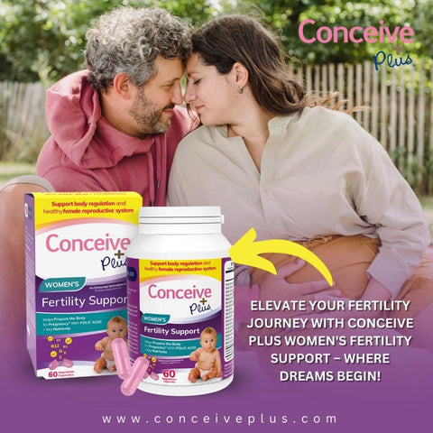 A happy middle aged couple touching there foreheads in a romantic way and a Conceive Plus Women's Fertility Support bottle in the lower left corner and a punch line is written as Elevate Your Fertility Journey with Conceive