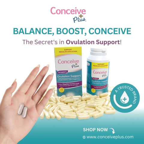 A left hand of a female with two capsules of Conceive Plus Women's Ovulation support and the bottle and a box pack of the supplement in the background with a punch line written as Balance, Boost, Conceive. The secret's in Ovulation Support
