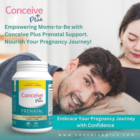 A man smiling and looking at the camera while putting his head on the pregnant belly of a lady who is half visible in the image while Conceive Plus Prenatal vitamin's bottle in the left side of the image