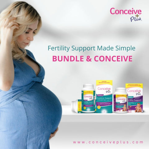 Una mujer embarazada en el lado izquierdo de la imagen y Conceive Plus Women's Ovulation Support y Conceive Plus Women's Fertility Support en la imagen y un remate escrito como Fertility Support Made Simple Bundle