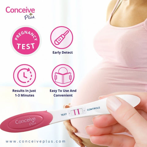 Conceive Plus Early Pregnancy Testing strip in a female hand with four of its features written and a pregnant woman in the background only upper body without face is visible