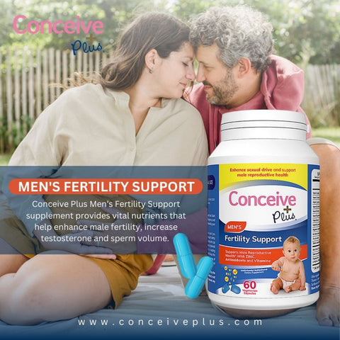 Paquete de apoyo para la fertilidad masculina Conceive Plus en el que se muestra a una pareja sentada con los ojos cerrados y tocándose las frentes.