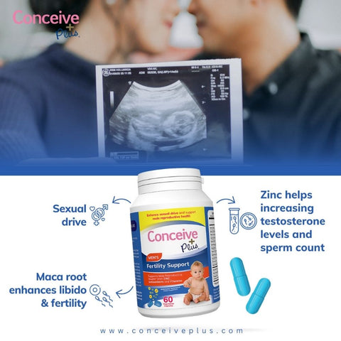 Le complément alimentaire Conceive Plus Men's Fertility Support dans la moitié inférieure de l'image avec ses avantages écrits sur les côtés et une échographie de grossesse dans la moitié supérieure et un couple en arrière-plan en flou se faisant face