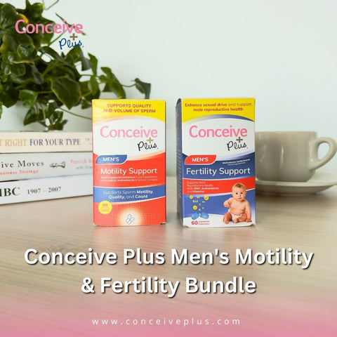 Conceive Plus Mens Motility and Fertility Bundle One packing of Conceive Plus Men's Motility Support and one packing of Conceive Plus Men's Fertility Support placed on a study table with a cup of tea & saucer placed by side