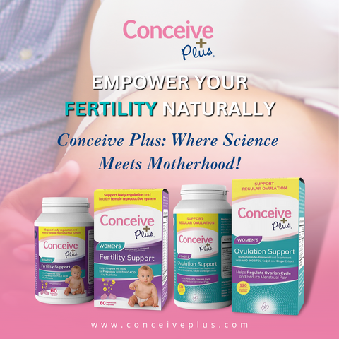 Conceive Plus Ovulation Support and Fertility Support packs in the lower half while a blur pregnant belly in the background. While a punch line is written as Empower Your Fertility Naturally Conceive Plus Where Science Meet
