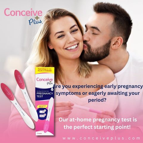 Conceive Plus Pregnancy Testing Set in front and in the background a happy couple where husband is kissing wife on the cheeks.