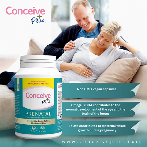 Conceive Plus Prenatal supplement in the picture with its benefits written in three blocks on the right while a mature couple in the background sitting on sofa while the female is pregnant, both seems happy