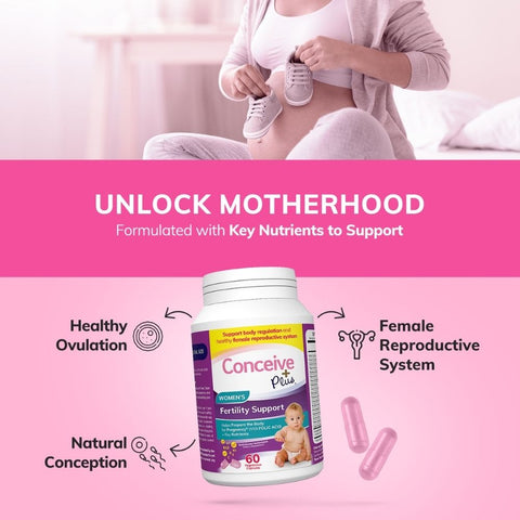 a pregnant woman holding tiny shoes around her belly in the background of the ad about Conceive Plus Women's Fertility Support ad talking about unlocking parenthood with key nutrients support