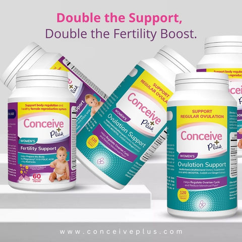 Produits de soutien à la fertilité et à l'ovulation pour femmes Conceive Plus présentés sur la photo avec une phrase d'accroche comme Double the Support, Double the Fertility Boost