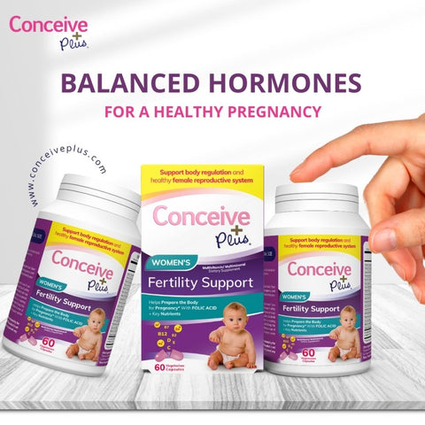 Conceive Plus Women's Fertility Support bottles in the lower half of the picture and a punch line written as Balanced Hormones for a healthy pregnancy