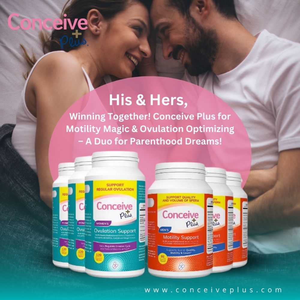 Conceive Plus Women's Ovulation Support and Men's Motility Support three bottles each in the lower half and a happy couple lying in the bed in the background with a punch line written as Winning Together! Conceive Plus for Motility Magic and Ovulation Optimizing - A duo for parenthood dreams