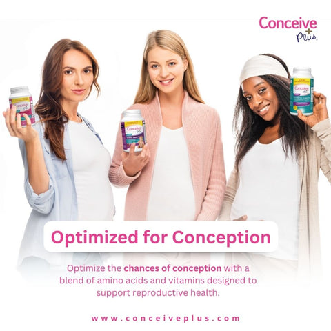 Thee women holding different product of Conceive Plus Women's Fertility Support and looking at the camera while smiling and a punch line is written as Optimized for Conception and some benefits and ingredients written below