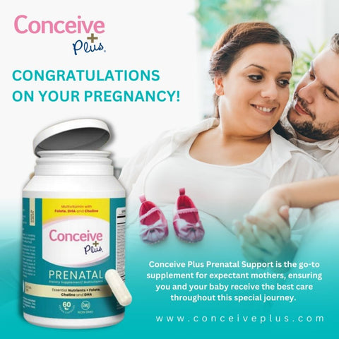a happy couple looking at each other while holding hands and a conceive Plus prenatal vitamins bottle on the left down corner of the video and a punch line is written as Congratulations on Your Pregnancy