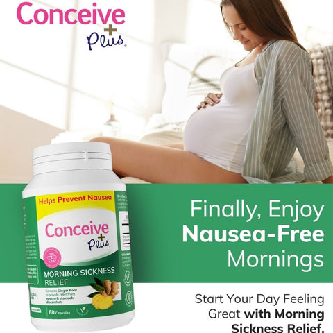 a pregnant woman placing her hand on her pregnant belly showing a scene of morning in the ad of Conceive Plus Morning Sickness Relief