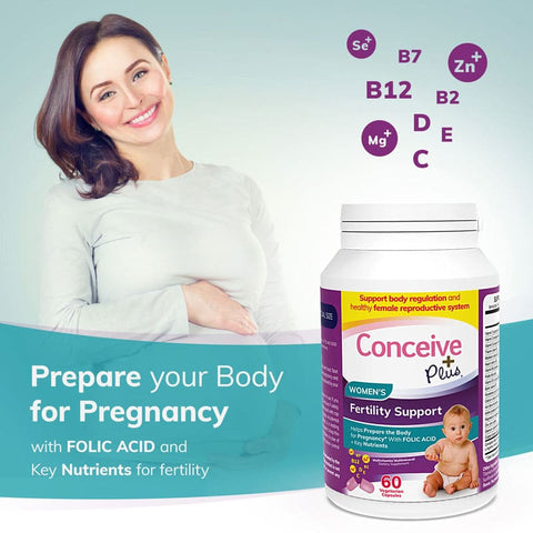 a pregnant woman smiling at the camera while hugging her belly with both hands and a Conceive Plus Fertility support bottle with different vitamins falling in it in bubbles and a punch line Prepare Your Body for Pregnancy