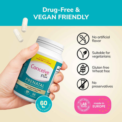 a woman's hand holding bottle of Conceive Plus Prenatal Control with DHA in an ad where other benefits of prental supplement are listed with a focus on Drug-free & VEGAN FRIENDLY words