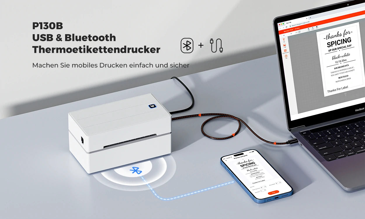 Der P130B Bluetooth-Etikettendrucker ermöglicht einfaches Drucken über Bluetooth-Verbindung für mobile Geräte.