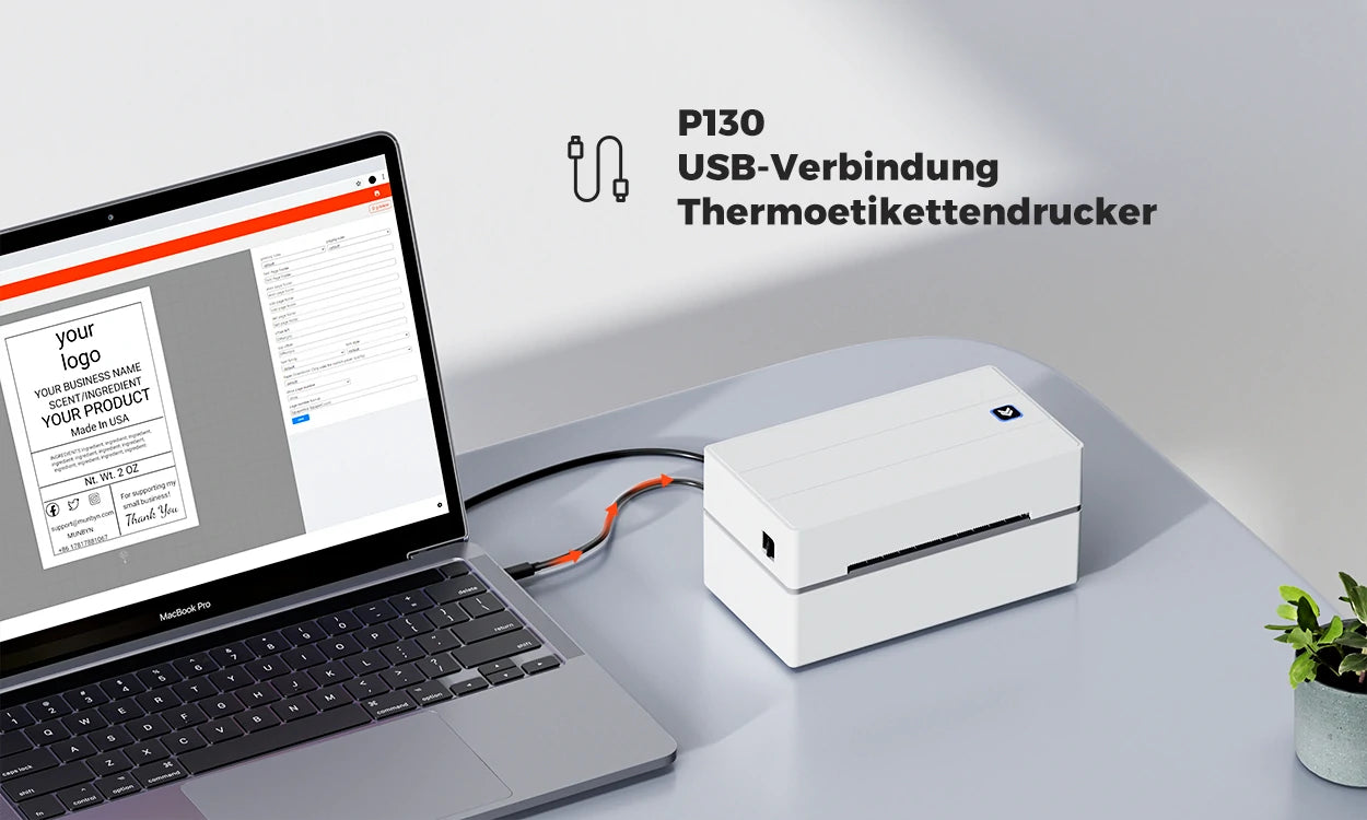 Der P130 Thermolabeldrucker von MUNBYN verbindet sich per USB mit dem Computer, bietet eine Auflösung von 203 DPI und eine schnelle Druckgeschwindigkeit von 150 mm/s. 