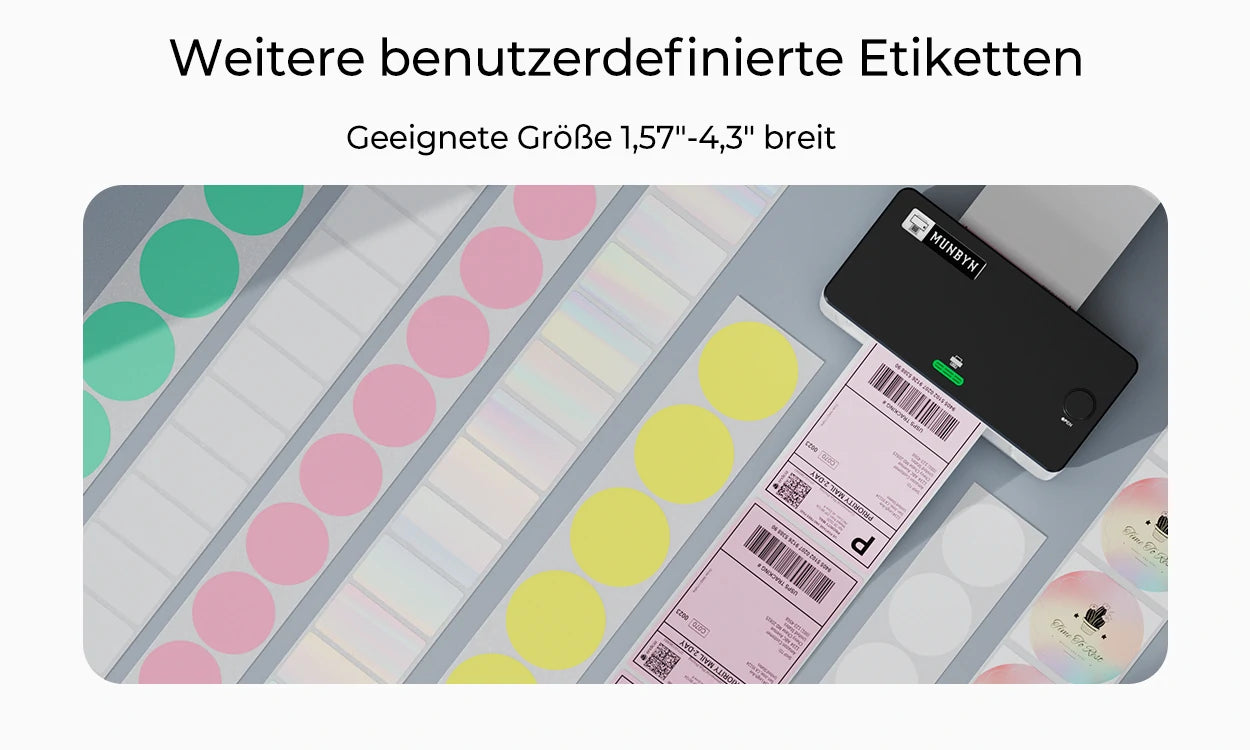 Er bedruckt Etiketten in Größen von 40mm bis zu 110mm und eignet sich damit für diverse Anwendungen.