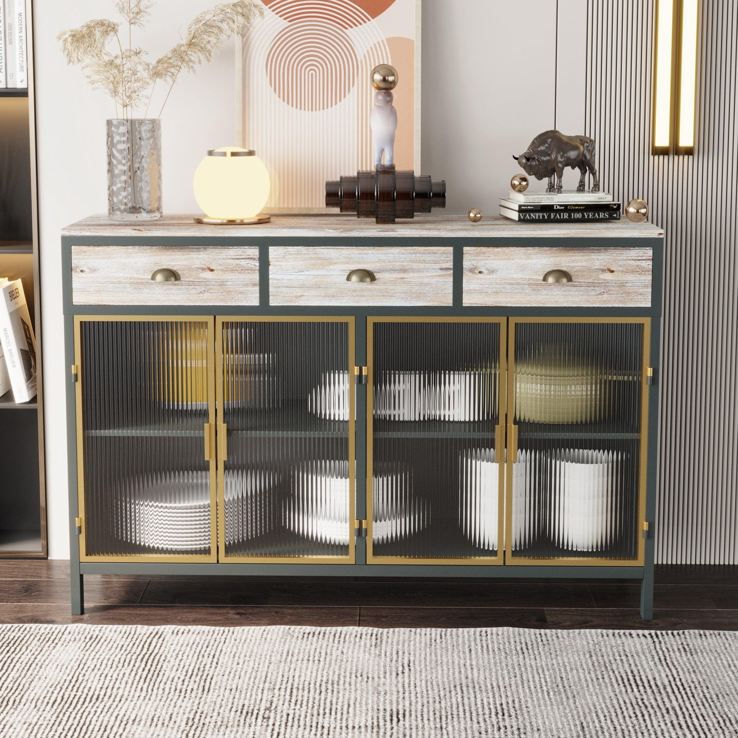 48" Wide 4 Glass DoorsModern Sideboard with 3 Top Drawers, Freestanding SideboardStorage Cabinet Entryway Floor Cabinet for Living Room Office Bedroom