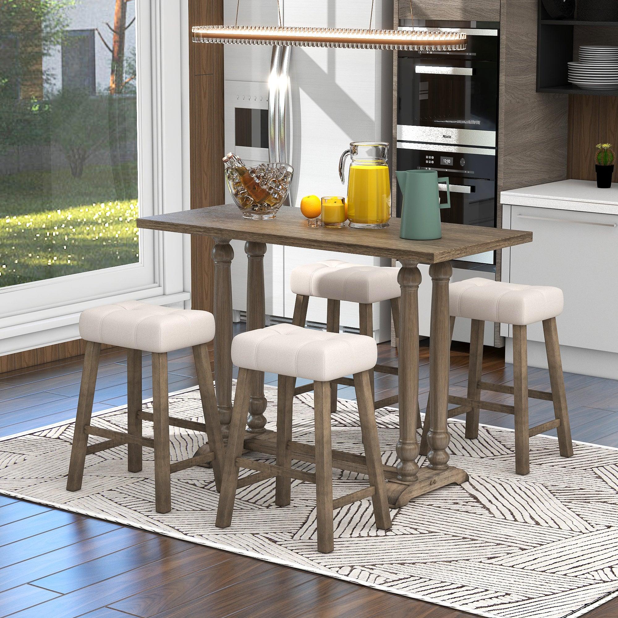 5-Piece Dining Table Set, Counter Height Dining Furniture with a Rustic Table and 4 Upholstered Stools for Kitchen, Dining Room (Light Brown)