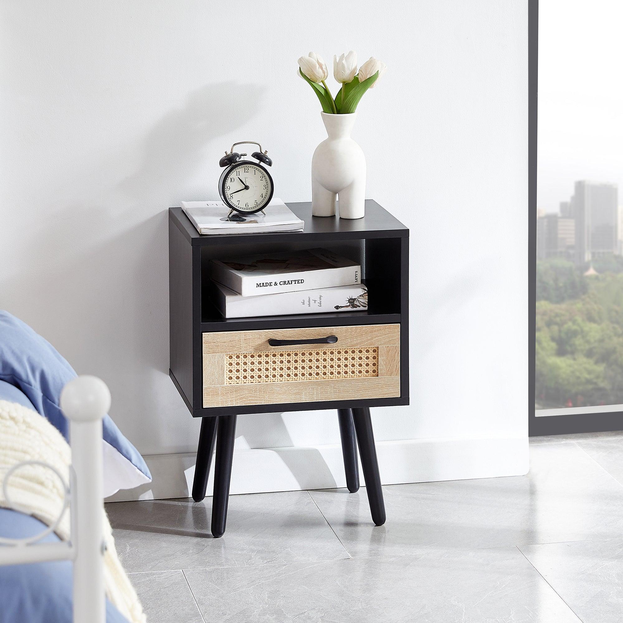 15.75" Rattan End table with drawer and solid wood legs,Modern nightstand, side table for living roon, bedroom, black