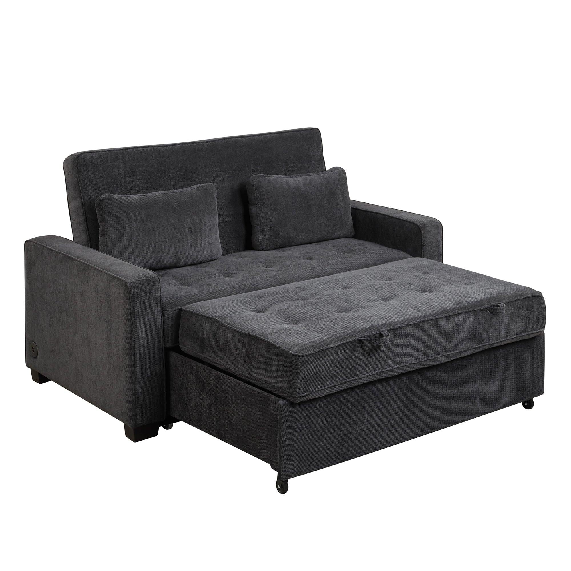 65.7" Linen Upholstered Sleeper Bed , Pull Out Sofa Bed Couch attached two throw pillows,Dual USB Charging Port and Adjustable Backrest for Living Room Space,Black