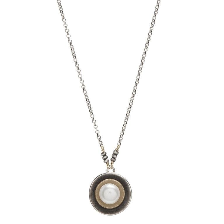 Coin Pearl, Gold Cup, and Sterling Silver Disc Pendant Necklace