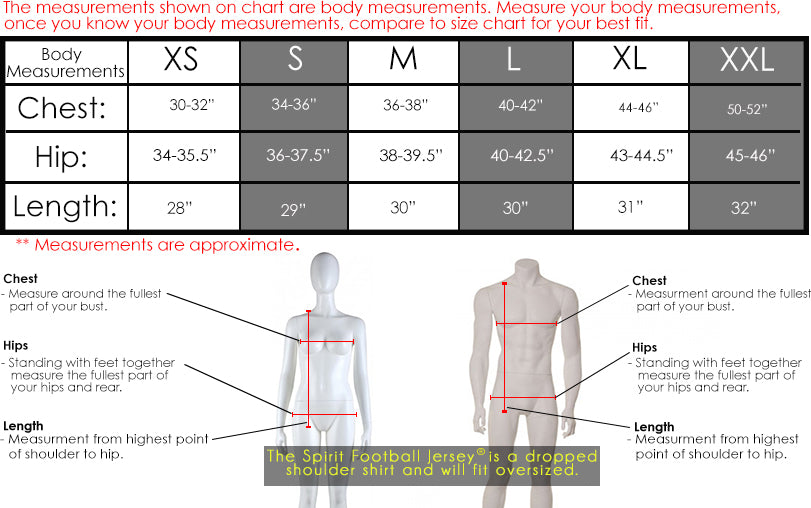 women's football jersey size chart