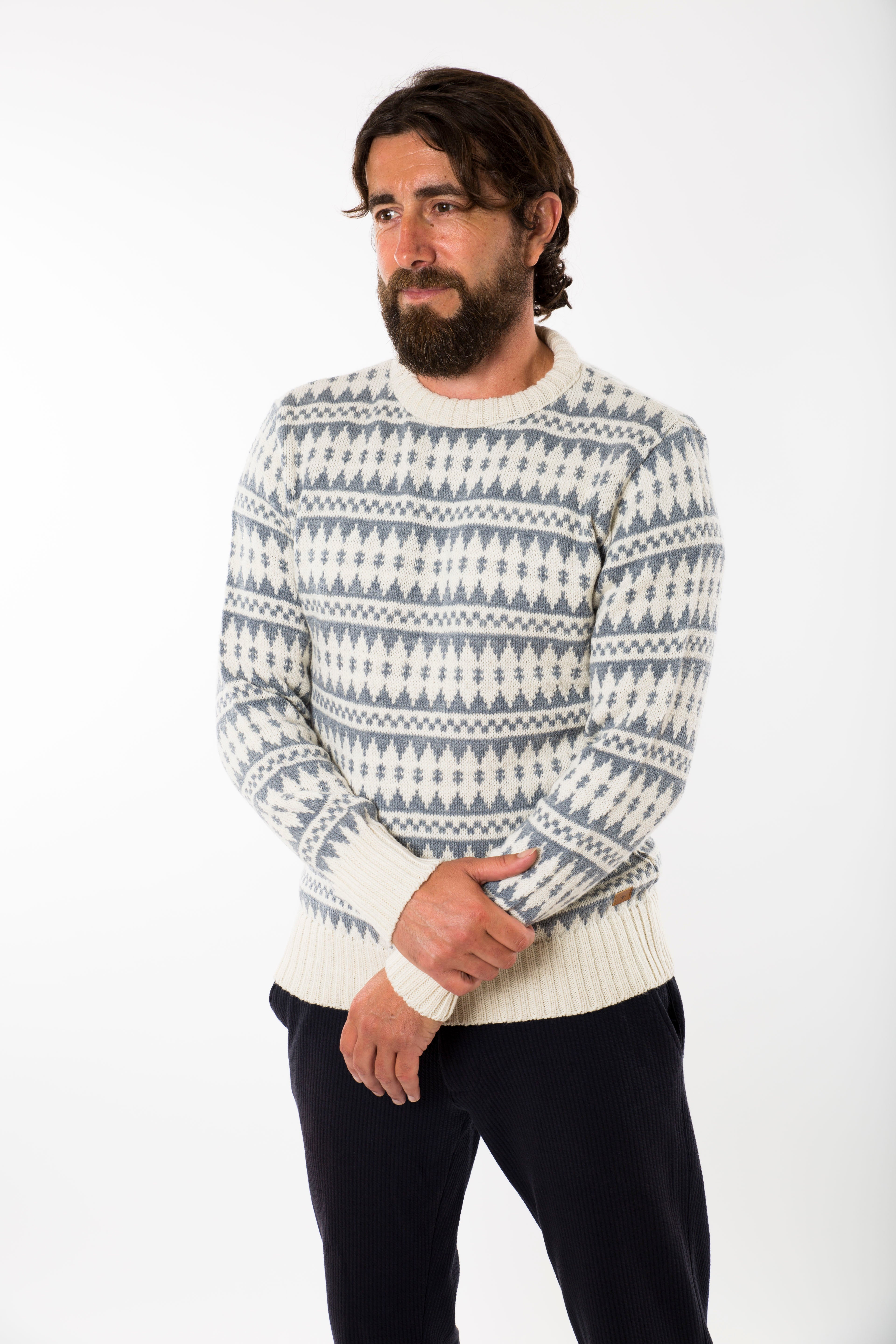 Se Gorm Sweater Round Neck - Fuza Wool - White/denim hos Fuza Wool