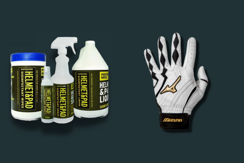 Step-by-step cleaning process for baseball batting gloves, including spraying disinfectant and wiping down gloves with disinfectant wipes.