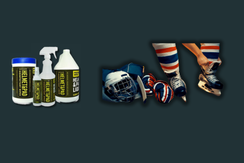 Hockey equipment and Matguard cleaning products on display, showcasing how to get the smell out of hockey equipment