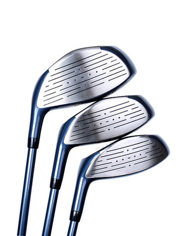 An array of golf club heads, illustrating their polished surface and sleek design.