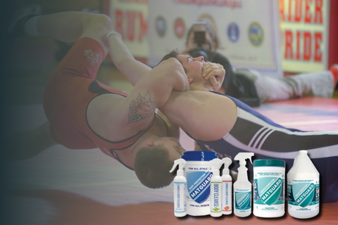 Preventive hygiene products for wrestlers, including antibacterial wipes and surface spray.